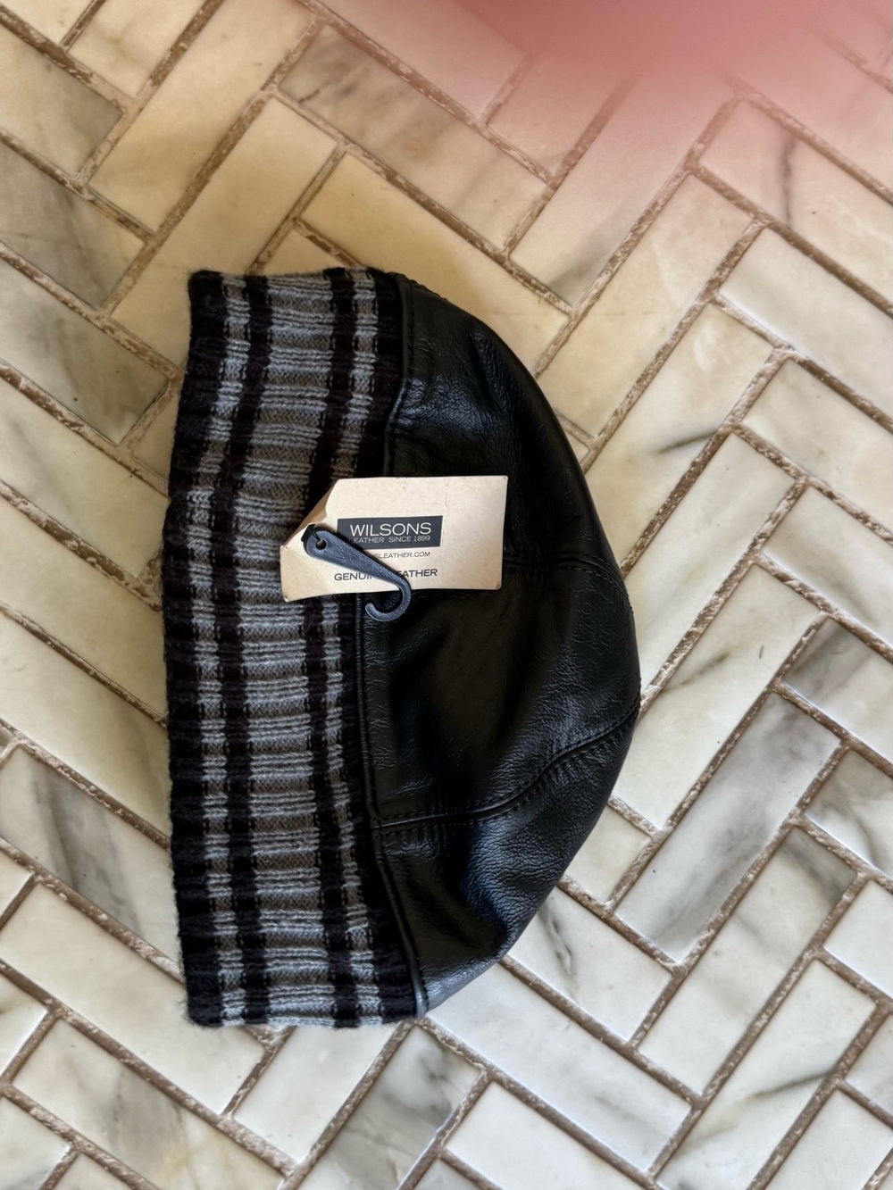 Wilson Black Leather Beanie with Gray Striped Knit Cuff